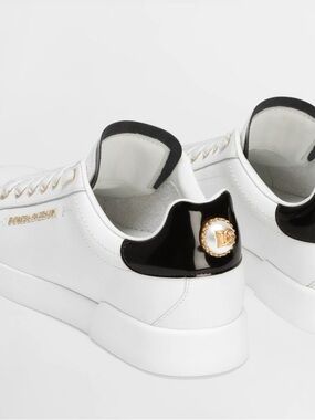 Dolce & Gabbana White Leather Sneakers with Black Heel and Gold Medallion